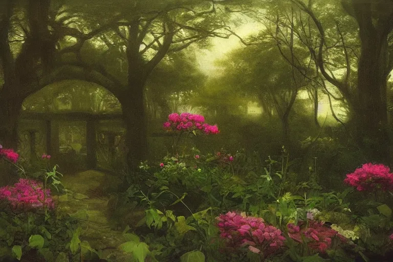 Image similar to secret garden, lush, floral, botanical, romanticism, dreamy, dark, moody, hudson river school