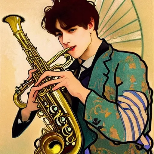 Prompt: taehyung wearing stylish clothes and playing saxophone, painting by alphonse mucha