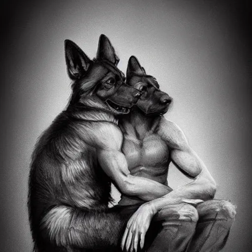 Image similar to two humanoid german shepherds beast - men, sitting on a couch and hugging together, artstation, concept art, smooth, sharp foccus ilustration, artstation