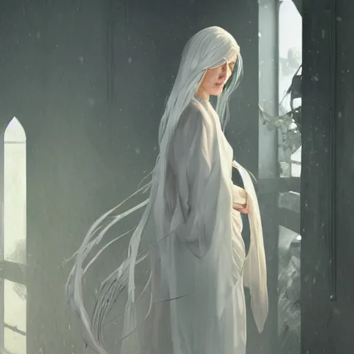 Image similar to woman, white clothed, white hair, daoist, artstation, concept art, style of greg rutkowski and alphonse mucha