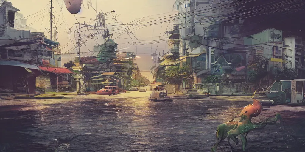 Image similar to a bangkok seaside street view with a giant weird creaturesimon stalenhag, highly detailed, digital art, realistic, trending on artstation, 4 k