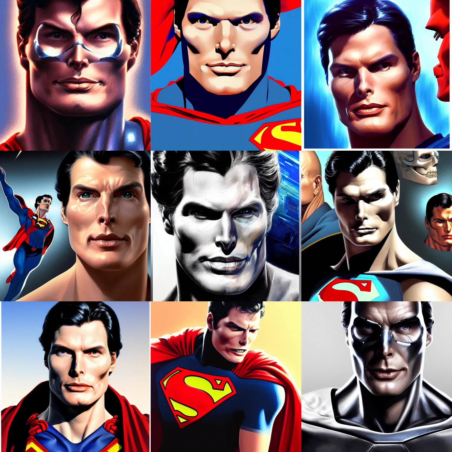 Prompt: Christopher reeve!!! skin damage , exposed terminator metal skull , superman costume, realistic shaded perfect face, fine details. not anime. Realistic shaded lighting poster by Ilya Kuvshinov katsuhiro, magali villeneuve, artgerm, Jeremy Lipkin and Michael Garmash, Rob Rey and Kentarõ Miura style, trending on art station