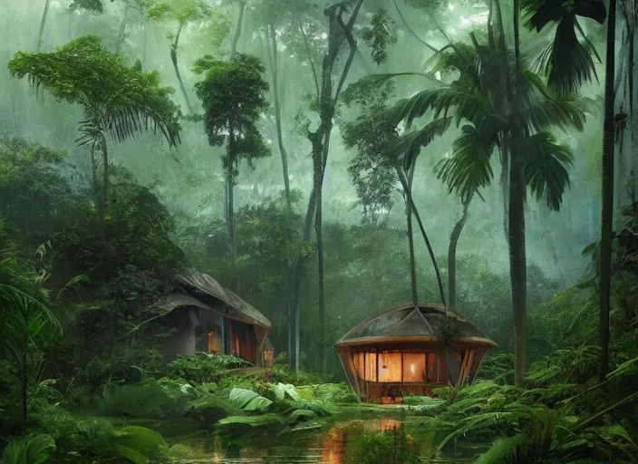 Image similar to a beautiful painting of a geodesic house in a moist tropical rainforest, by greg rutkowski, realism, artstation, nature