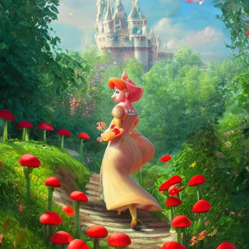 Image similar to portrait of princess peach from Mario, running up a hill of exotic flowers in the Mushroom Kingdom, giant red and white spotted mushrooms, and roses, from behind, Castle in distance, birds in the sky, sunlight and rays of light shining through trees, beautiful, solarpunk!!!, highly detailed, digital painting by Michael Garmash and Peter Mohrbacher