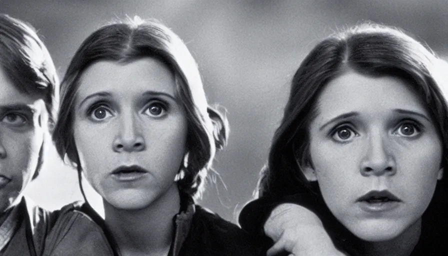 Image similar to film still of carrie fisher and mark hamill as children in new star wars movie, dramatic lighting, highly detailed face, kodak film, wide angle shot,