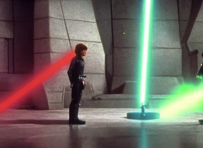 Prompt: screenshot from the film, Luke Skywalker faces off against unknown sith lord in electricity filled temple, 1970s film directed by Stanley Kubrick, Kodak color film, LUT, 4K, hyperdetailed, iconic scene, moody cinematography, anamorphic lenses