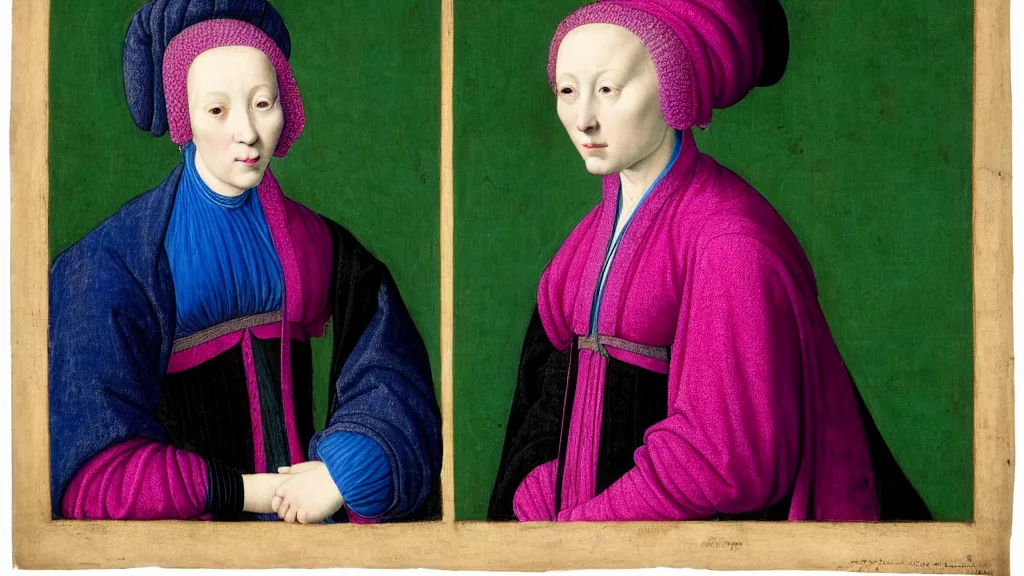 Prompt: portrait of a pale woman with blue hair buns, wearing a pink hoodie, intricate details, high detail, black background, in a high renaissance style, in the style of jan van eyck, punk, asian art,