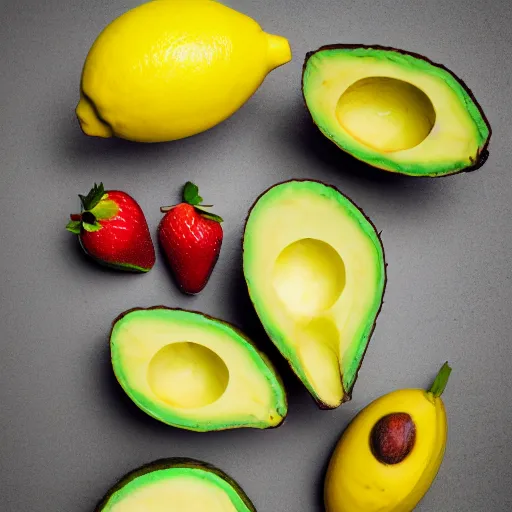 Image similar to lemon as avocado as banana as pineapple as strawberry as watermelon