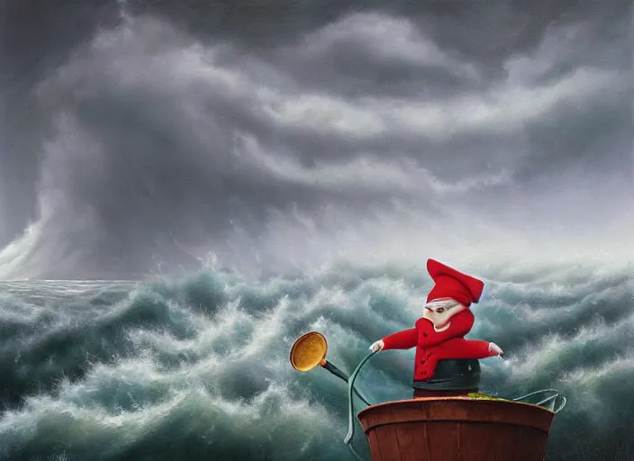 Prompt: a terrified garden gnome sailing in a bucket, background of raging ocean on a stormy with dramatic clouds, an ultrafine detailed painting by mark ryden, trending on deviantart, pop surrealism, whimsical, lowbrow, danger, perfect symmetrical face