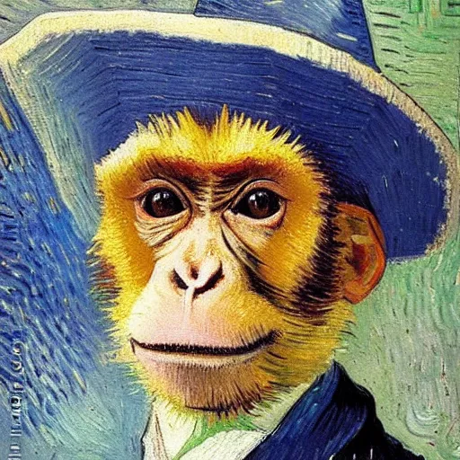 Prompt: a beautiful oil painting of a monkey in a blue suit and white hat , 8k , award winning , made in 1800's , old , painted by vincent van gogh