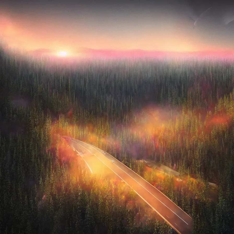 Image similar to surrealist semiabstract rendition of an epic highway road going down to the horizon through a thick pine forests and rocky mountain coasts plunging into an immense sunset. bird view, atmospheric foggy landscape, psychedelic, ultra realistic, modern art, photorealistic, octane render, by nori inoguchi and sam kaplan and zachary goulko and christopher marley