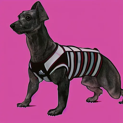 Image similar to a standing dog in an adidas full body suit, digital art