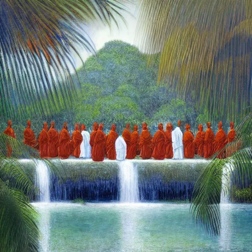 Image similar to a ultradetailed beautiful painting of monks standing in front of the diamonds waterfall in the amazonas palace balustrade designed by jules bastien - lepage, tarsila do amaral, frank weston and gustave baumann, beach, trending on artstation, mediterranean, palm trees, sharp focus, soft light, 8 k 4 k