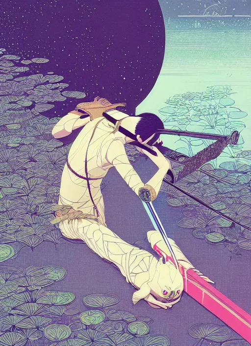 Prompt: third lotus prince committed suicide by drawing his sword by the riverby ilya kuvshinov and victo ngai