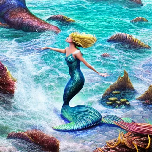 Image similar to mermaid mulitcolor waves, art by chris dyer, stanley artgerm lau, wlop, rossdraws, james jean, andrei riabovitchev, marc simonetti, yoshitaka amano photorealistic,, vray, hdr, hyper detailed, dramatic lighting, octane render, weta digital, 3 d sculpture