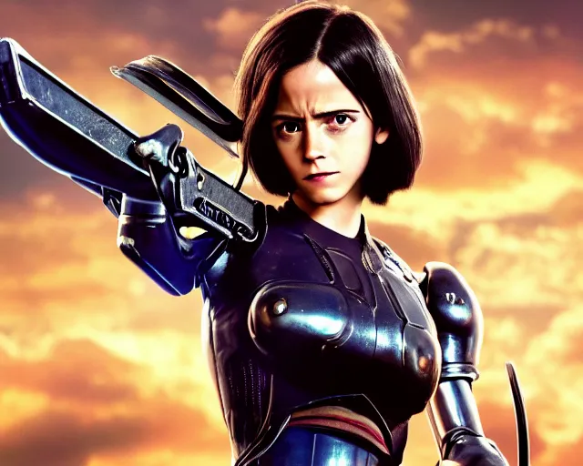 Image similar to a film still from battle angel alita played by actress emma watson, portrait, cinematic lighting, photorealistic, hyperrealistic, highly detailed, photorealistic, high resolution, 4 k