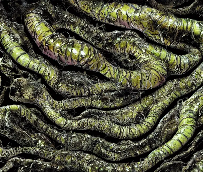 Prompt: a high resolution photo of a complex slimey creature nature forest, grown together various animal eyes, computer veins wrinkles, cracked plastic wrap, gills morph scales merged in fur skin, wrinkled muscles skin, veins merged feet head, displacement, black hole, distorted animal head face eyes arms tail