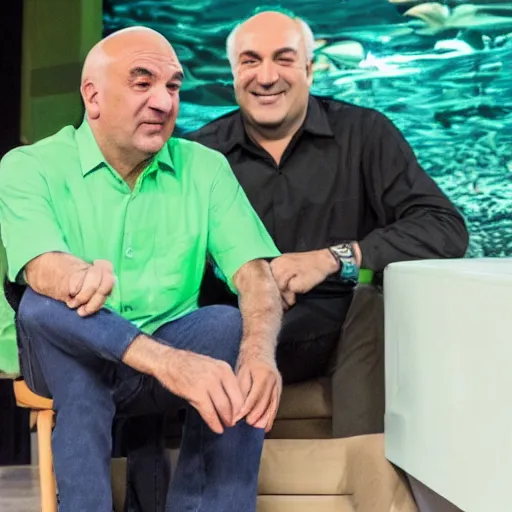 Image similar to mid white hair old man with green shirt and white short, sitting in shark tank with kevin o'leary