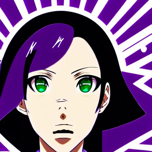 Image similar to anime poster film still portrait, young black woman, black black black woman, purple colored eyes, ( purple colored eyes!!!!!! ), white french bob hairstyle, green colored bomber jacket, detailed facial features, dynamic pose,, rimlight, cel shaded, 4 k