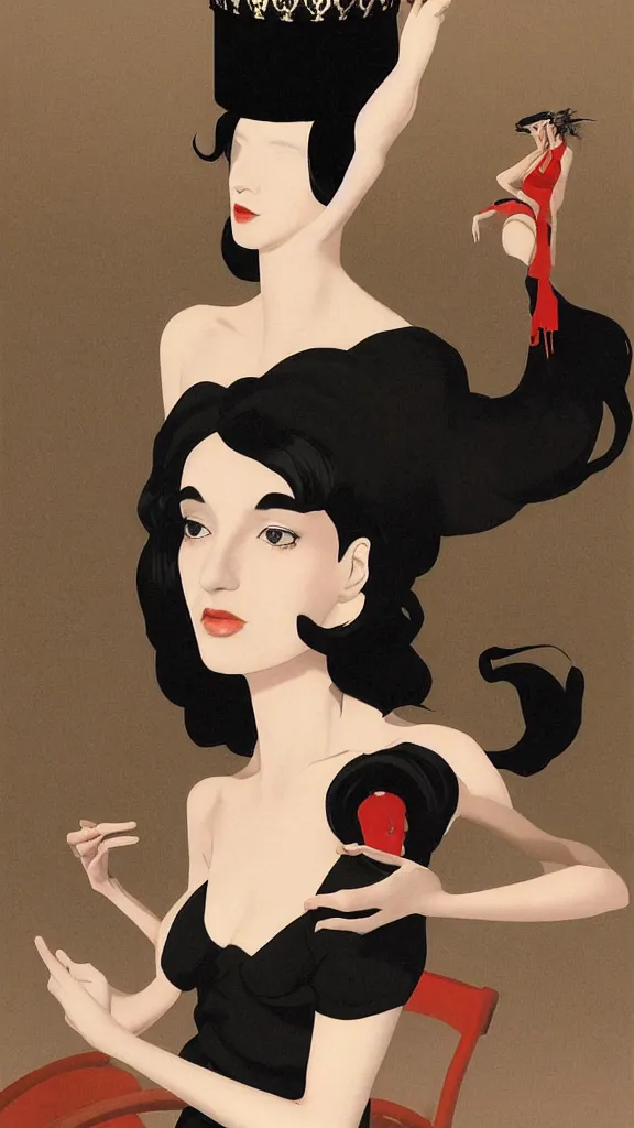 Image similar to a tall and beautiful pale woman with very black hair with a crown on her head walk in the streets of new york circa 1 9 8 4 edward hopper and james gilleard, surreal, open ceiling, highly detailed, airbrush, ilya kuvshinov, wlop, stanley artgerm, very coherent, art by takato yamamoto and james jean