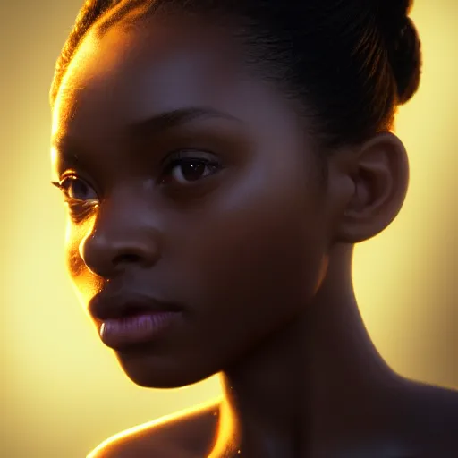 Image similar to a photorealistic hyperrealistic, bright brown eyes, light skinned african young girl, ponytail hair, flawless face, beautiful eyes, cute face, black turtle neck shirt, by wlop, artgerm, greg rutwoski, alphonse mucha, beautiful dynamic dramatic low - light moody lighting, cinematic atmosphere, artstation, concept design art, octane render, 8 k