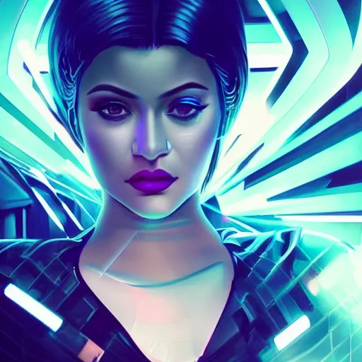 Prompt: portrait of a cyberpunk art deco kylie jenner with a grid of light falling on her face, sci-fi, intricate lighting, elegant noir, highly detailed, digital painting, studio portrait, artstation, smooth, sharp focus, illustration, art by artgerm and greg rutkowski and Charlie Bowater