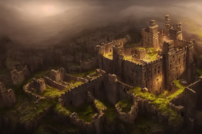 Image similar to giant ancient castle, cinematic, epic, dramatic lighting from above, dark, vines, fantasy, dust, unreal engine, octane, highly detailed, concept art, dark, super realistic