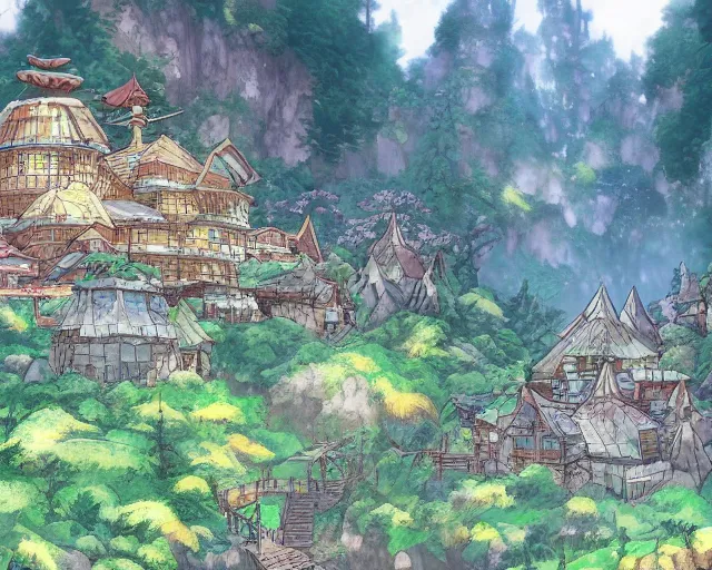 Image similar to mountain overseeing fantasy village next to a forest, studio ghibli style, hayao miyazaki, award winning photograph, highly detailed, artstation, hd wallpaper