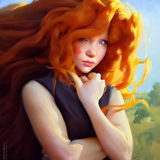 Image similar to greg manchess portrait painting of ginger girl!!! long curly hair!! black eyes!! evil, sad! with a ginger cat as overwatch character, medium shot, asymmetrical, profile picture, organic painting, sunny day, matte painting, bold shapes, hard edges, street art, trending on artstation, by huang guangjian and gil elvgren and sachin teng