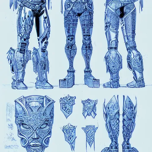 Image similar to white-on-blue blueprint with anotations of ornate armor legs covered in runic tattoos, Travis Charest style