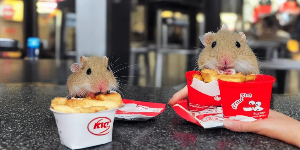 Image similar to a little hamster eating a burger at kfc, looking very happy