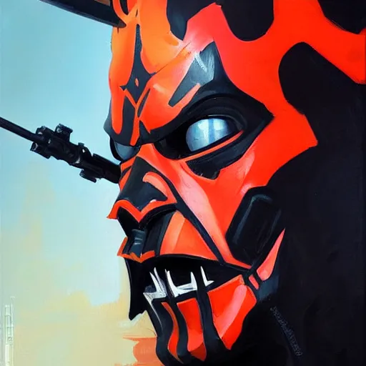 Image similar to greg manchess portrait painting of armored darth maul as overwatch character, medium shot, asymmetrical, profile picture, organic painting, sunny day, matte painting, bold shapes, hard edges, street art, trending on artstation, by huang guangjian and gil elvgren and sachin teng