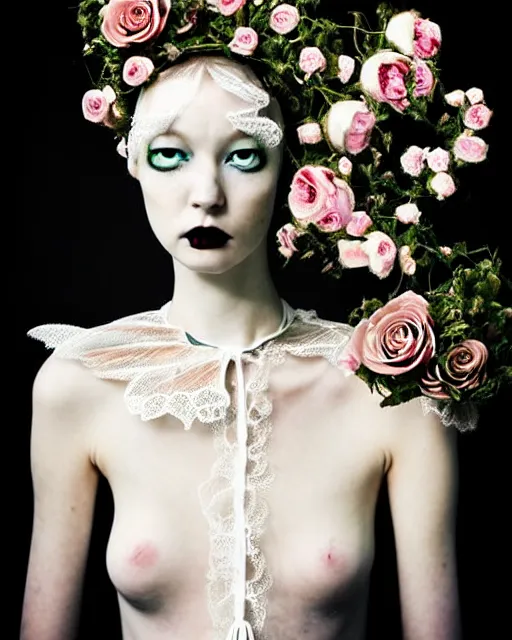 Image similar to dreamy surreal poetic photo of a beautiful young porcelain female-cyborg-vegetal with a very long neck and a super big gothic lace collar filled with dead flies and a very high big floral crown with many black dry roses by Vivienne Westwood:: smoke, high fashion, haute couture, rococo, avant-garde, elegant, dreamy, hyper realistic, 150 mm lens, soft rim light, octane render, unreal engine, picture was taken in 1910 by Dora Maar, volumetric lighting, dramatic light,8k,