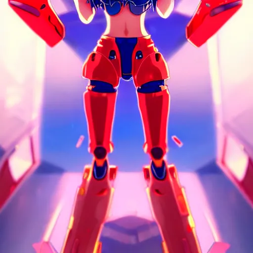 Prompt: digital anime art, wlop, rossdraws, sakimimichan, > > very small cute girl < < standing on a large table, red mech arms and red mech legs,