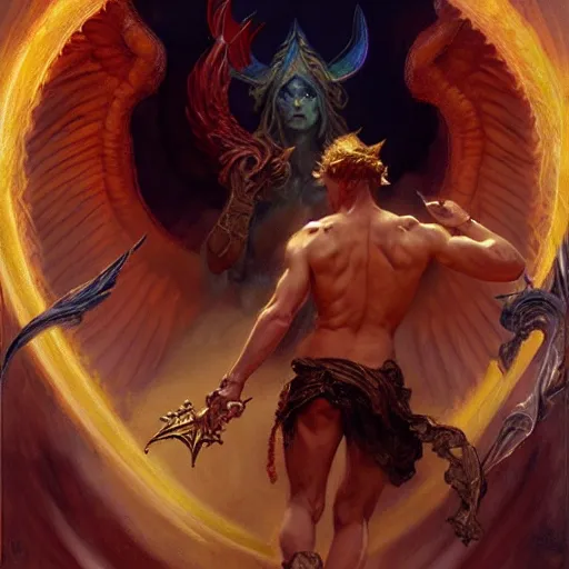 Image similar to attractive male lucifer morning star casting a spell summoning male demons, they rise from down bellow. highly detailed painting by gaston bussiere, craig mullins, j. c. leyendecker, 8 k