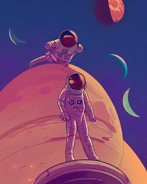 Prompt: wide shoot portrait of ethereal cosmonaut lie relaxed on a crescent moon between the stars and the planets in outer space, cosmonaut post grunge concept art,high detail,4k, trending on artstation by josan gonzalez, dan mumford and tyler edlin