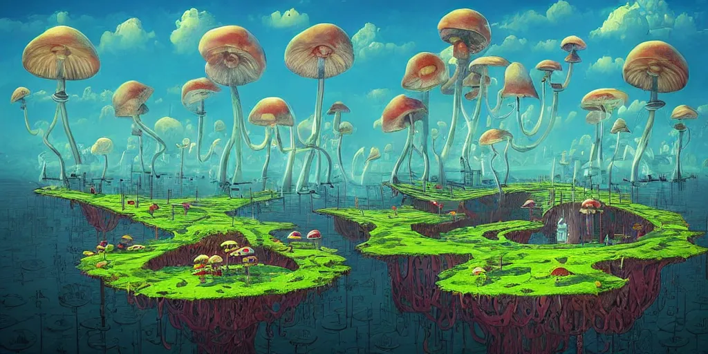 Image similar to surreal mushroom kingdom, floating island in the sky, waterpipes in the ground, summer morning, very coherent and colorful high contrast, art by!!!! gediminas pranckevicius!!!!, geof darrow, dark shadows, hard lighting