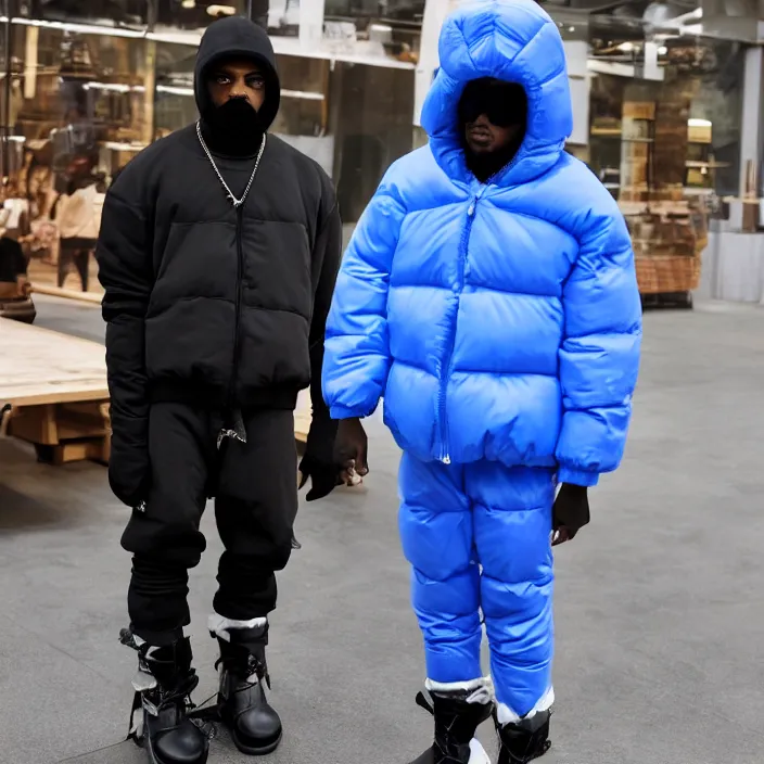 Image similar to kanye west, a goodsmile figure of kanye west using a full face covering black mask, a small, tight, child size reflective bright blue round puffer jacket made of nylon and big black balenciaga rubber boots, figurine, detailed product photo