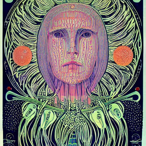 Image similar to a girl with huge shiny silver eyes, colored woodcut, poster art, by Mackintosh, art noveau, by Ernst Haeckel, bright pastel colors, 8k,