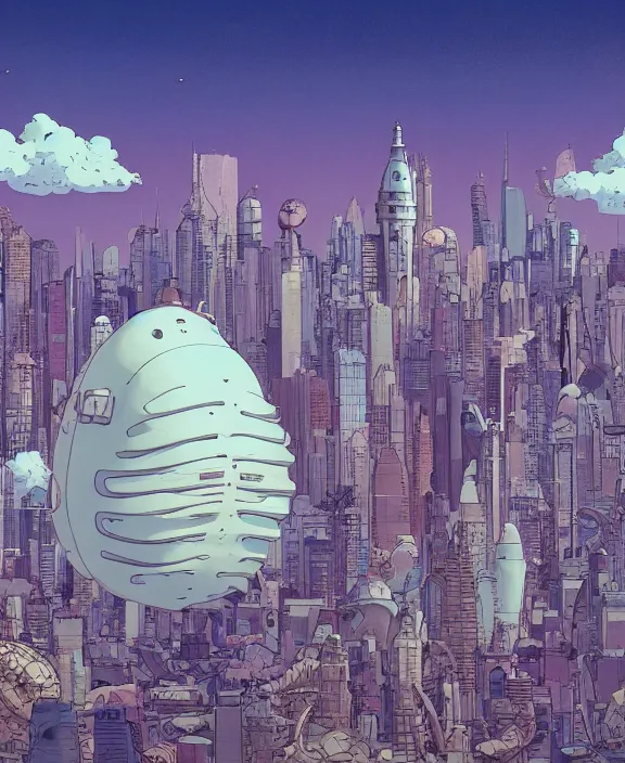 Image similar to simplicity, city skyline made from obese sea slugs, in the style of a puffy spaceship, skeletons, partly cloudy, spooky, dramatic lighting, by geof darrow, bill sienkiewicz, dan mumford, yusuke murata, makoto shinkai, ross tran, cinematic, unreal engine, cel shaded, featured on artstation, pixiv