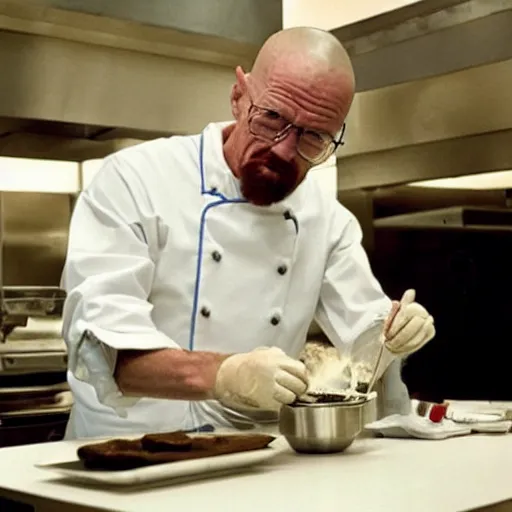 Image similar to walter white cooking meth at a table in a mcdonalds