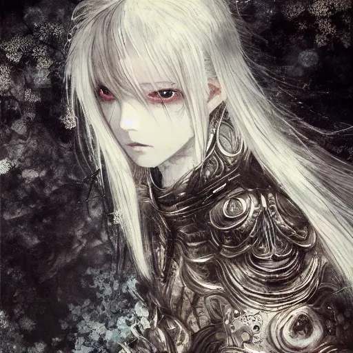 Image similar to yoshitaka amano blurred and dreamy illustration of an anime girl with wavy white hair and cracks on her face wearing elden ring armour with the cape fluttering in the wind, abstract black and white patterns on the background, noisy film grain effect, highly detailed, renaissance oil painting, weird portrait angle