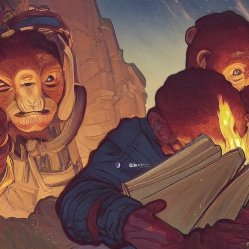 Image similar to [two monkeys throwing books in a bonfire, behind them space rockets are taking off. propaganda, closeup, D&D, intricate, elegant, highly detailed, digital painting, artstation, concept art, matte, sharp focus, illustration, art by Artgerm and Greg Rutkowski and Alphonse Mucha and Enki Bilal]