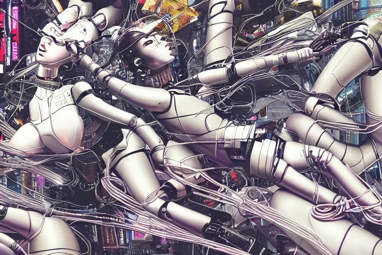 Image similar to a cyberpunk illustration of a group of female androids in style of hajime sorayama, lying on an abstract, empty, white floor with their body parts scattered around and cables and wires coming out, by katsuhiro otomo and masamune shirow, hyper-detailed, intricate, colorful, view from above, wide angle, close up, beautiful