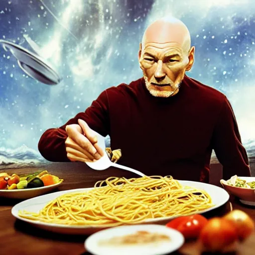 Prompt: patrick stewart eating spaghetti in a star ship concept art, ultra realistic, digital art, rich deep colors, smooth shadows, high resolution, cinematic