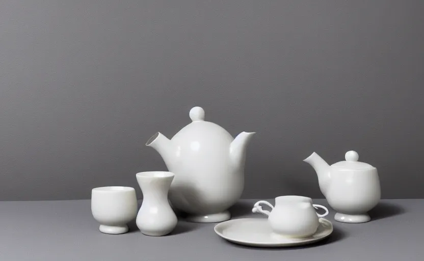 Prompt: Engalnd Porcelain tea set, chiaroscuro, soft contrast