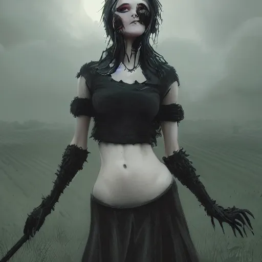 Image similar to teen girl kerli koiv mini skirt crop top standing in cemetery, gothic, darkwave, darksynth, concept art, sharp, digital matte painting, art by greg rutkowski, wlop, dramatic lighting, trending on artstation