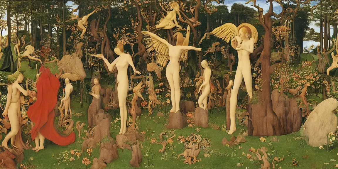 Prompt: garden of angels, mysterious, surreal, epic, lush, by hugo simberg, by jan van eyck, by frank frazetta