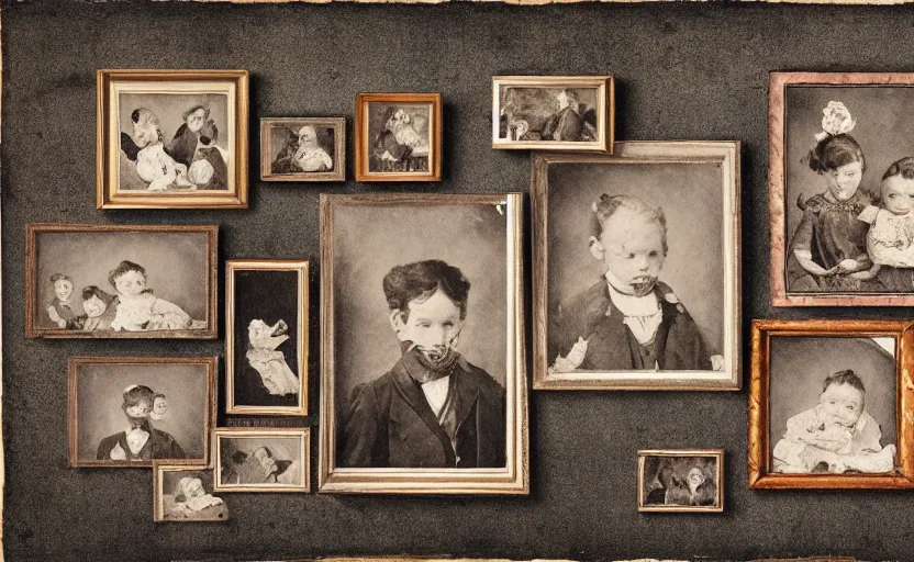 Prompt: 19th century storybook illustration of family photo portraits in picture frames on a wall, line art, water color, sepia tints