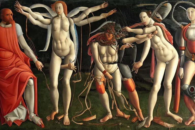 Prompt: cyborg invasion, classical painting by sandro botticelli, on display at the ufitzi gallery, 4 k